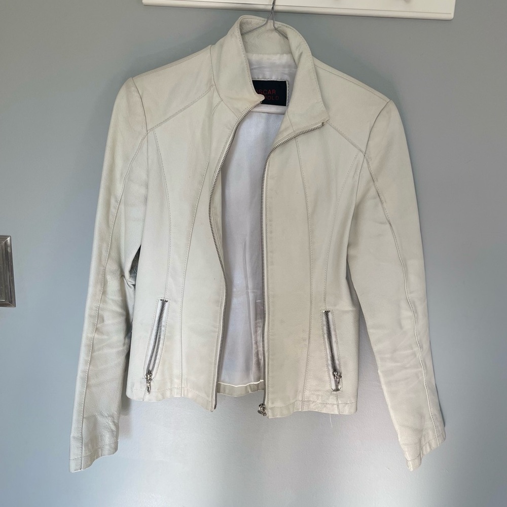 Vintage Women's White Moto Lambskin Leather Jacket XS